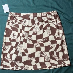 NWT LOONEY TUNES mini skirt, Sz Small, Brown/cream color pattern.